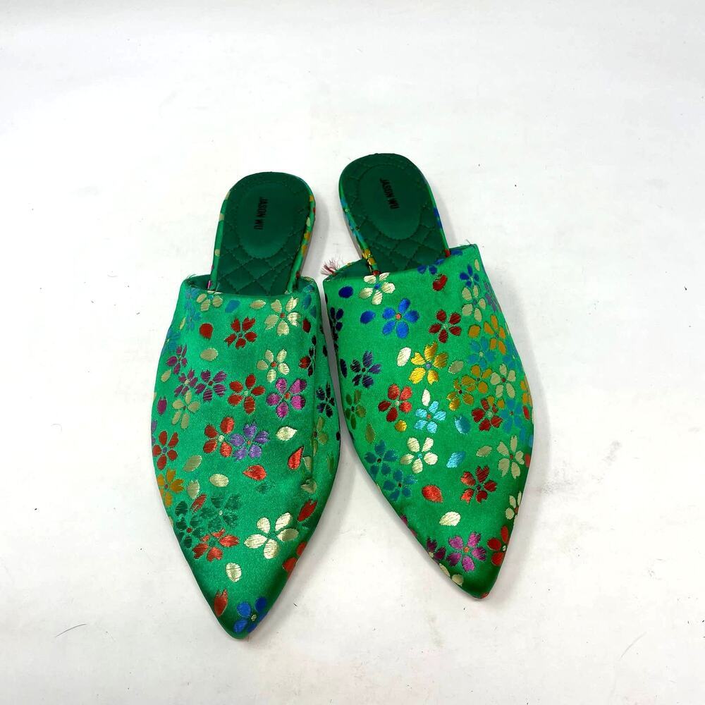 Jason Wu Green Metallic Floral Print Satin Slipper Mules Size US 7 - Picture 2 of 6